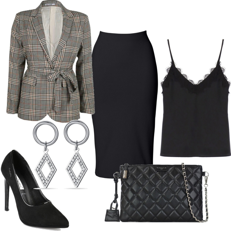 Outfit donna - In ufficio eleganza senza tempo. Stile Chic per Ufficio. Abbinamento con gonne longuette, blazer, décolleté, pochette, orecchini, top.