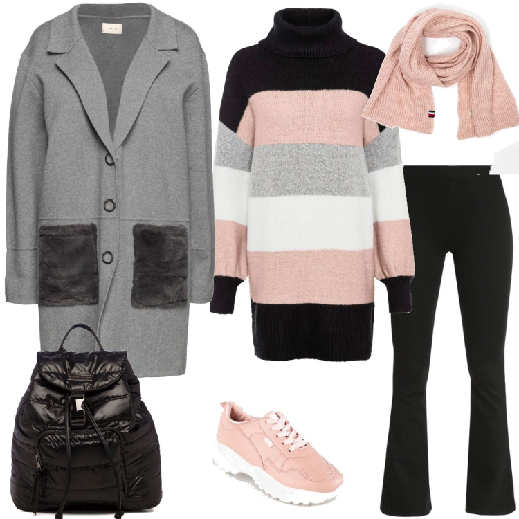 Outfit donna - Università. Stile Casual per Scuola/Università. Abbinamento con maglieria, cappotti, pantaloni, sneakers alte, sciarpe, zaini.