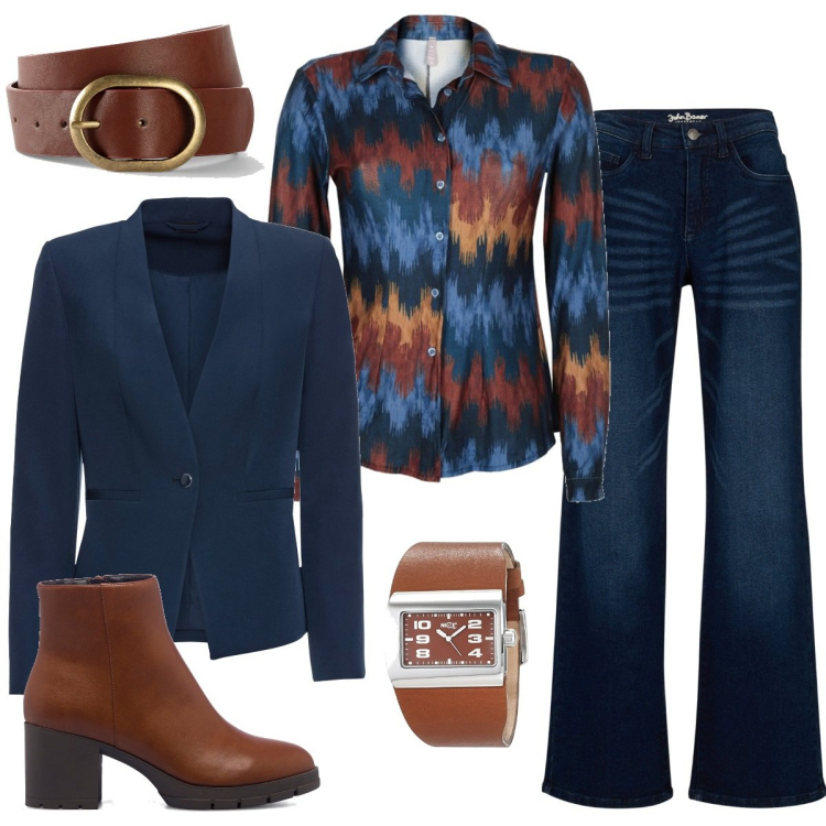 Outfit donna - In ufficio casual. Stile Casual per Ufficio. Abbinamento con blazer, jeans, cinture, camicie, stivaletti, orologi analogici.