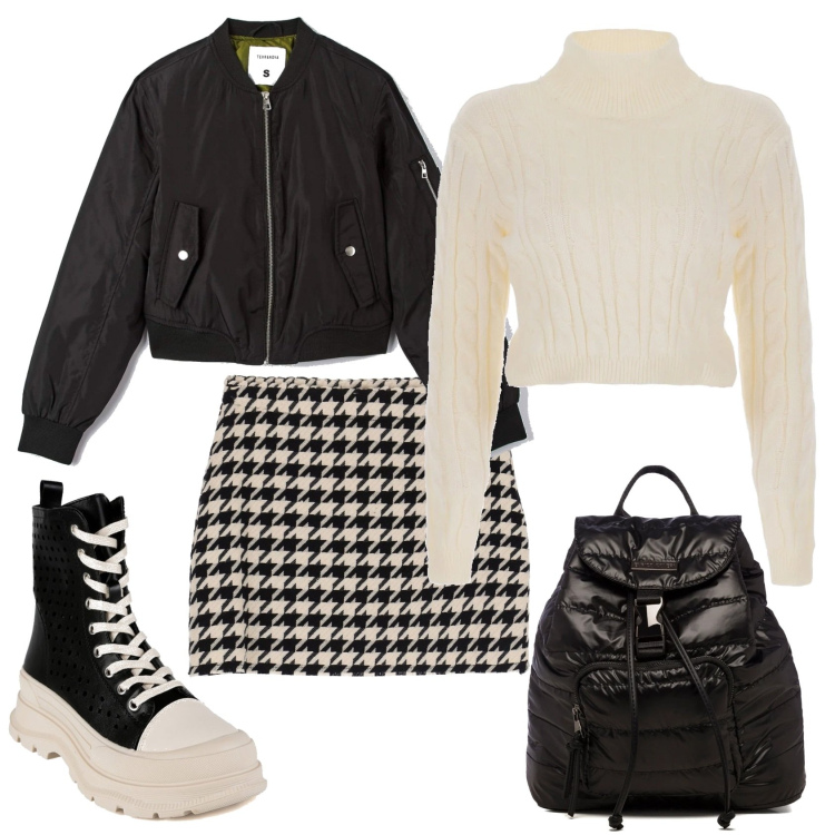 Outfit donna - FT - Sneaker e minigonna. Stile Casual per Scuola/Università. Abbinamento con sneakers alte, bomber, minigonne, pullovers, zaini.