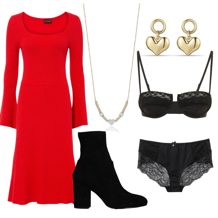 Outfit donna - San Valentino. Stile Romantica per Serata fuori. Abbinamento con stivaletti, vestiti corti, slip, orecchini, collane, reggiseni a balconcino.