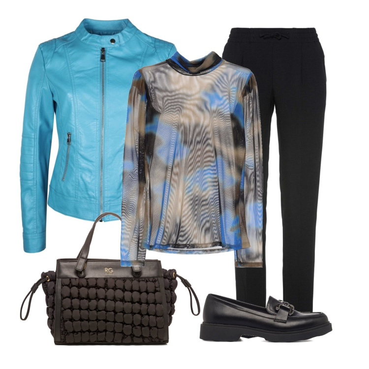 Outfit donna - Blu e nero. Stile Casual per Tutti i giorni. Abbinamento con pantaloni, giacche, borse a secchiello, mocassini, maglieria.