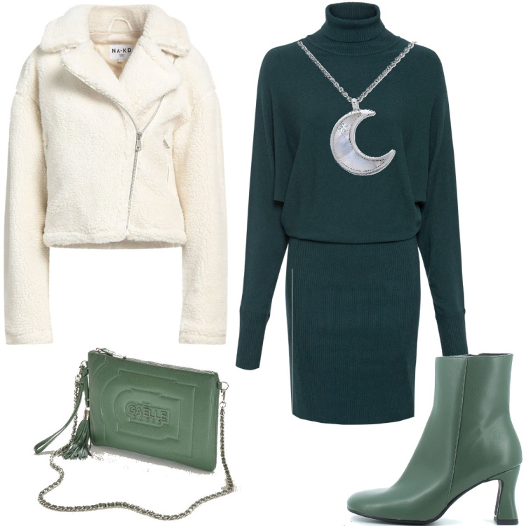 Outfit donna - Passeggiata. Stile Casual chic per Tutti i giorni. Abbinamento con vestiti, cappotti, pochette, collane, stivaletti.
