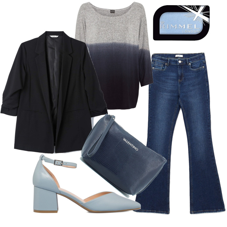 Outfit donna - Cielo di giorno e di notte. Stile Casual chic per Tutti i giorni. Abbinamento con maglieria, blazer, jeans, pochette, décolleté, ombretti.