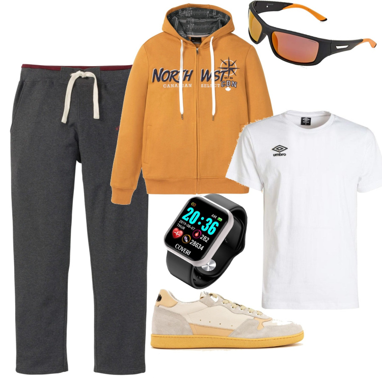 Outfit uomo - Al parco la domenica mattina. Stile Casual per Sport. Abbinamento con pantaloni, felpe con cappuccio, t-shirt, orologi, sneakers, occhiali da sole.