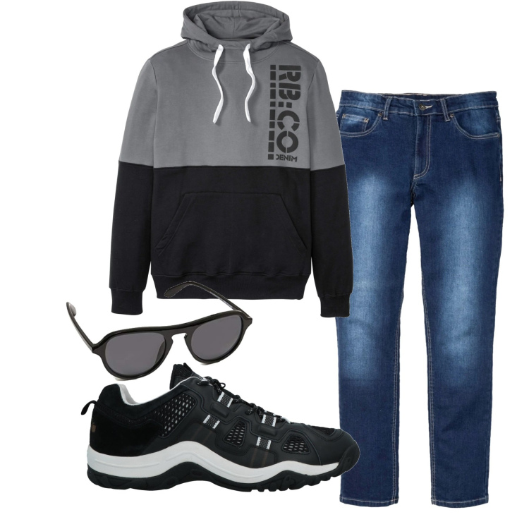Outfit uomo - Commissione in centro. Stile Casual per Tutti i giorni. Abbinamento con felpe con cappuccio, jeans slim fit, sneakers, occhiali da sole.