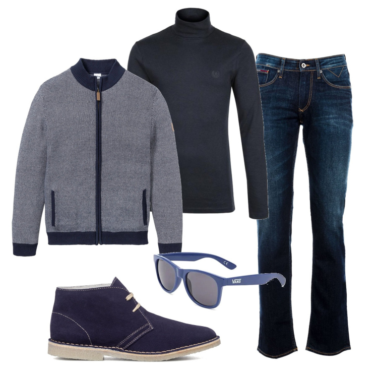 Outfit uomo - Un dolcevita leggero. Stile Urban per Tutti i giorni. Abbinamento con cardigans, t-shirt, jeans, stivali e stivaletti, occhiali da sole.