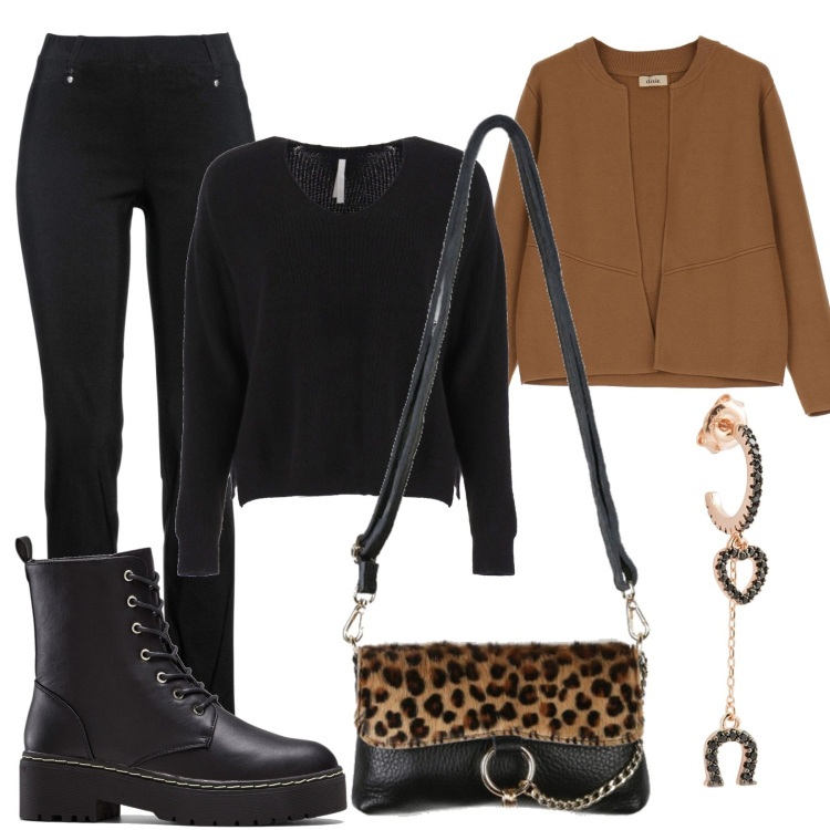 Outfit donna - Trendy women. Stile Trendy per Tutti i giorni. Abbinamento con stivaletti, pantaloni, borse a mano, orecchini, pullovers, cardigans.