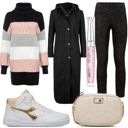 Outfit donna - Sneakers alte in inverno. Stile Casual chic per Tutti i giorni. Abbinamento con maglieria, cappotti, leggings, sneakers alte, borse a tracolla, gloss.