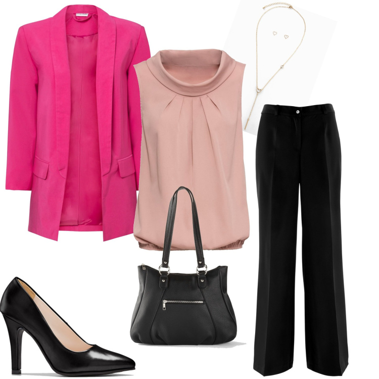 Outfit donna - Bon ton a modo mio BonPrix. Stile Bon Ton per Tutti i giorni. Abbinamento con top, pantaloni, blazer, décolleté, borse a mano, collane.