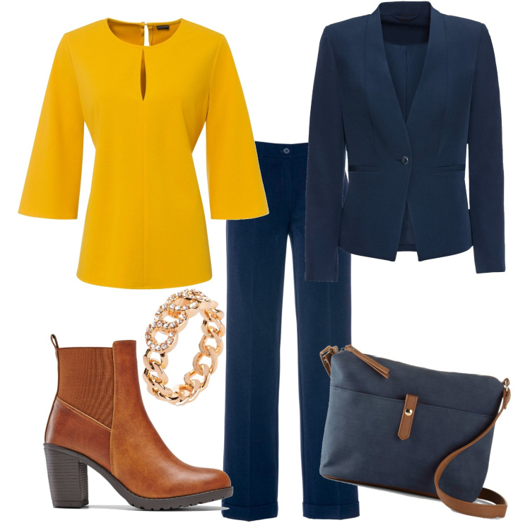 Outfit donna - Bon ton a modo mio blu BonPrix. Stile Bon Ton per Tutti i giorni. Abbinamento con pantaloni, blazer, bluse, borse a tracolla, stivaletti, anelli.