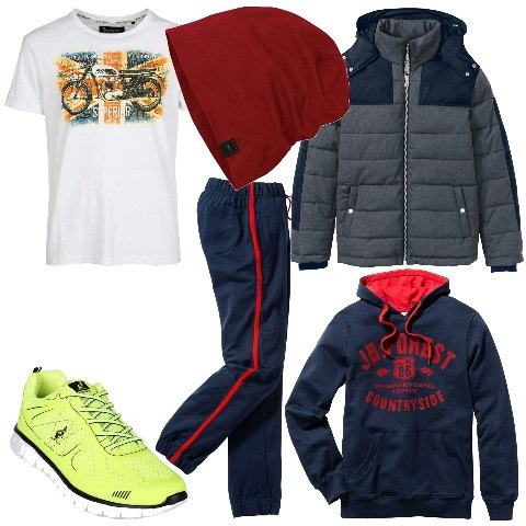 Outfit uomo - Urban #2461. Stile Urban per Sport. Abbinamento con felpe con cappuccio, pantaloni, piumini, t-shirt, sneakers, berretti.