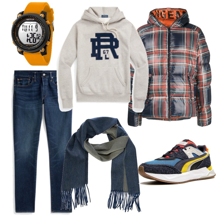 Outfit uomo - In giro con il monopattino. Stile Casual per Tutti i giorni. Abbinamento con orologi digitali, sneakers, piumini, jeans, felpe con cappuccio, sciarpe.