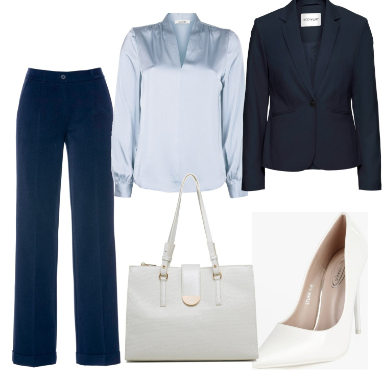 Outfit donna - Donna d\'affari. Stile Casual per Ufficio. Abbinamento con pantaloni, blazer, bluse, décolleté, borse a spalla.