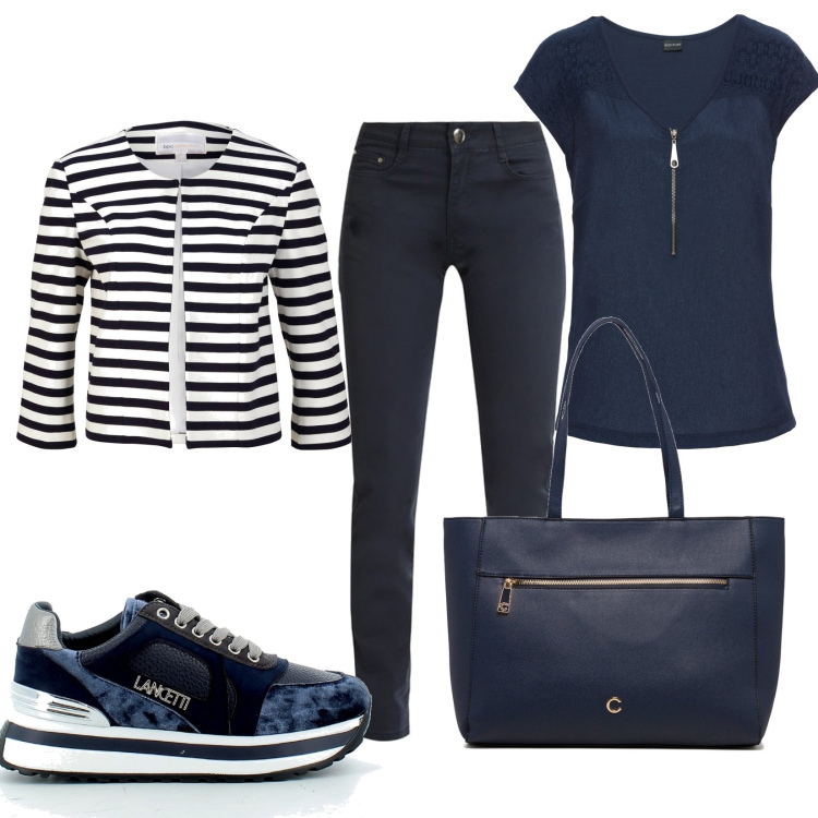 Outfit donna - Bianco e blu notte. Stile Casual per Tutti i giorni. Abbinamento con t-shirt, blazer, pantaloni, sneakers, borse a spalla.