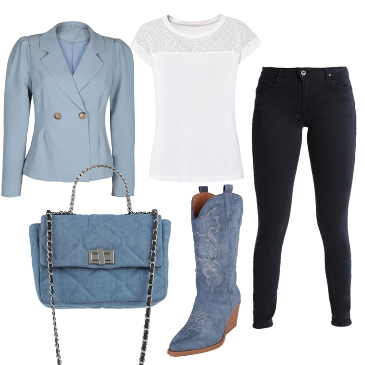 Outfit donna - Giacca t-shirt e stivale texano. Stile Etnico per Tutti i giorni. Abbinamento con borse a mano, maglieria, blazer, pantaloni skinny, stivaletti texani.