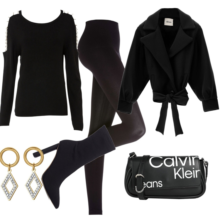 Outfit donna - Total black. Stile Urban per Tutti i giorni. Abbinamento con leggings, maglieria, borse a tracolla, orecchini, cappotti, stivaletti.