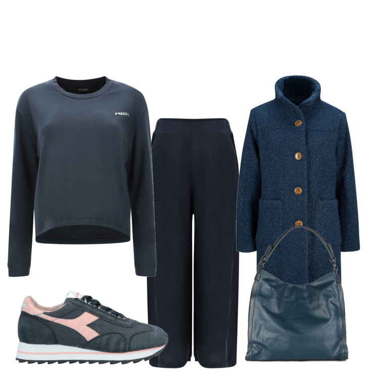 Outfit donna - Total look #1531439. Stile Basic per Tutti i giorni. Abbinamento con cappotti, sneakers, borse a spalla, pantaloni a palazzo, felpe.