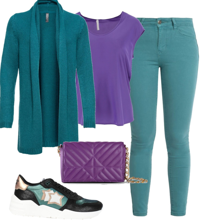 Outfit donna - In città. Stile Trendy per Tutti i giorni. Abbinamento con cardigans, borse a mano, sneakers, pantaloni, canottiere.