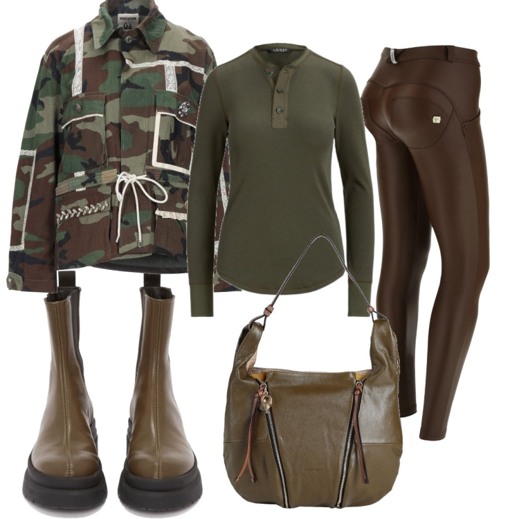 Outfit donna - Giacca militare. Stile Trendy per Tutti i giorni. Abbinamento con giacche, borse a spalla, pantaloni skinny, stivaletti chelsea, t-shirt.