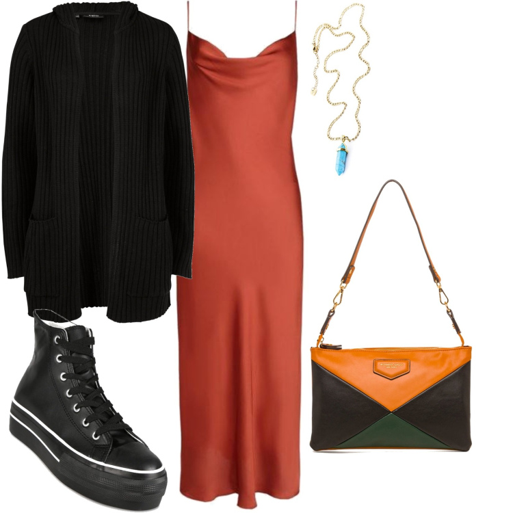 Outfit donna - Total look #1531655. Stile Casual per Tutti i giorni. Abbinamento con cardigans, vestiti lunghi, sneakers alte, collane, borse a tracolla.