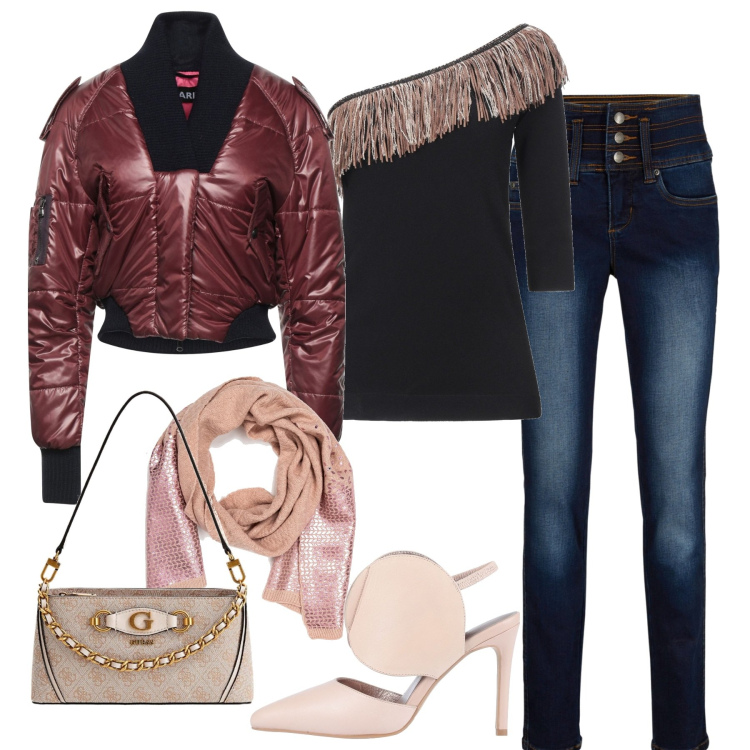 Outfit donna - Serata. Stile Trendy per Serata fuori. Abbinamento con top, giacche, décolleté, jeans, sciarpe, borse a mano.