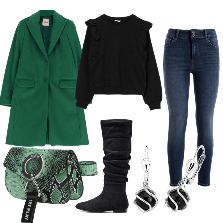 Outfit donna - Verdone e nero. Stile Trendy per Tutti i giorni. Abbinamento con stivali, marsupi, jeans skinny, felpe, cappotti, orecchini.