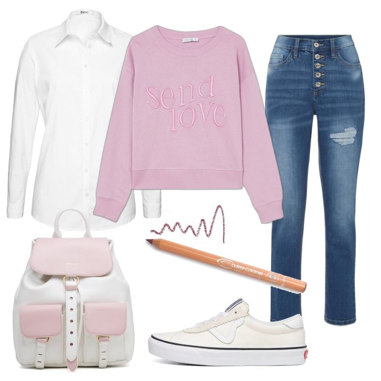 Outfit donna - Buona settimana. Stile Urban per Scuola/Università. Abbinamento con camicie, jeans boyfriend, felpe con cappuccio, sneakers, zaini, matite labbra.