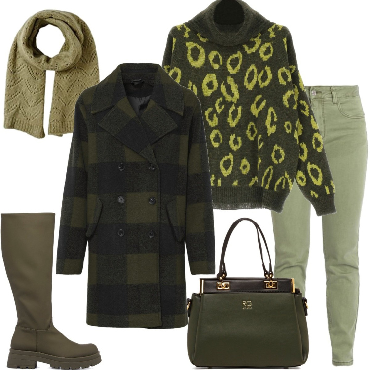 Outfit donna - Toni di verde. Stile Casual per Tutti i giorni. Abbinamento con ballerine, pantaloni, maglieria, stivali, borse a spalla, sciarpe.