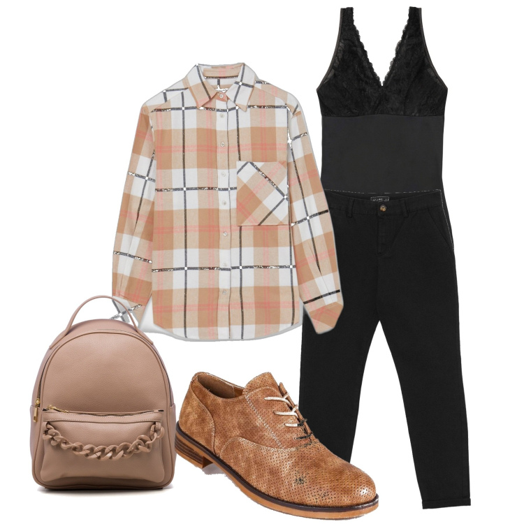 Outfit donna - Pizzo sotto la camicia. Stile Casual per Tutti i giorni. Abbinamento con top, francesine, camicie, pantaloni chino, zaini.