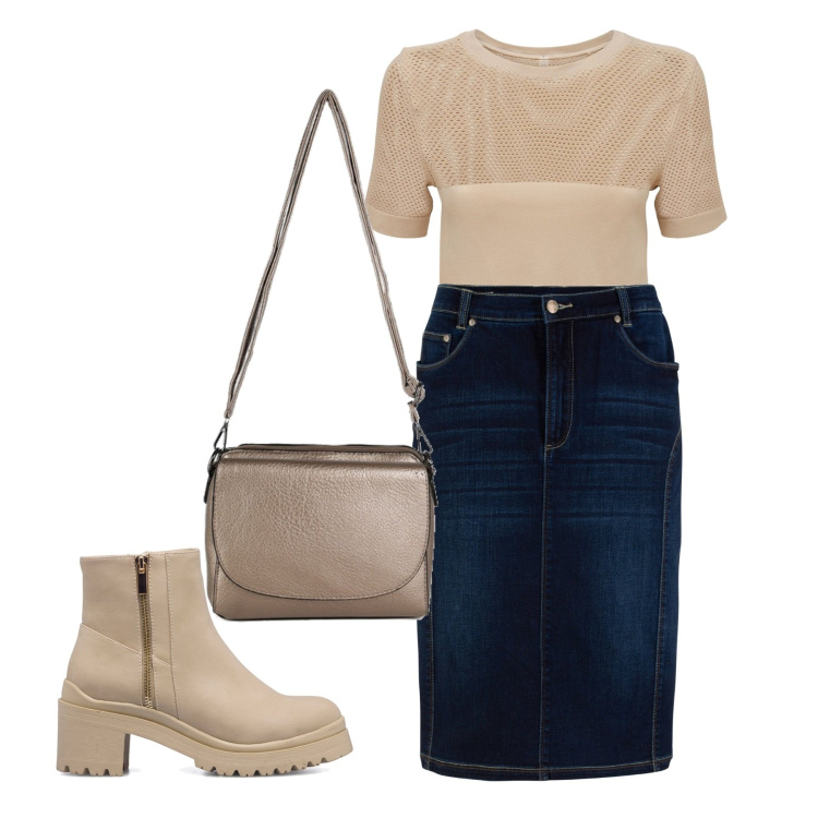 Outfit donna - Minimal chic. Stile Minimal per Tutti i giorni. Abbinamento con gonne, borse a tracolla, stivaletti, t-shirt.