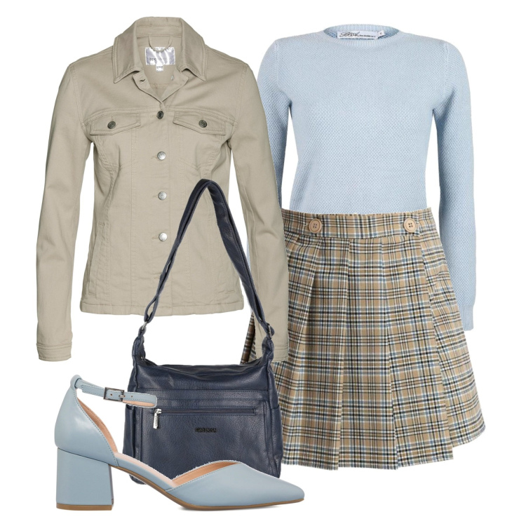 Outfit donna - Preppy di primavera. Stile Preppy per Tutti i giorni. Abbinamento con blazer, minigonne, pullovers, borse a tracolla, décolleté.