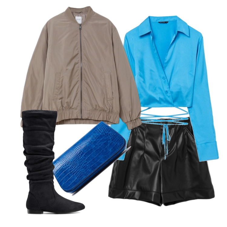 Outfit donna - Azzurro su tutto. Stile Chic per Serata fuori. Abbinamento con stivali, bomber, borse a spalla, bermuda, camicie.