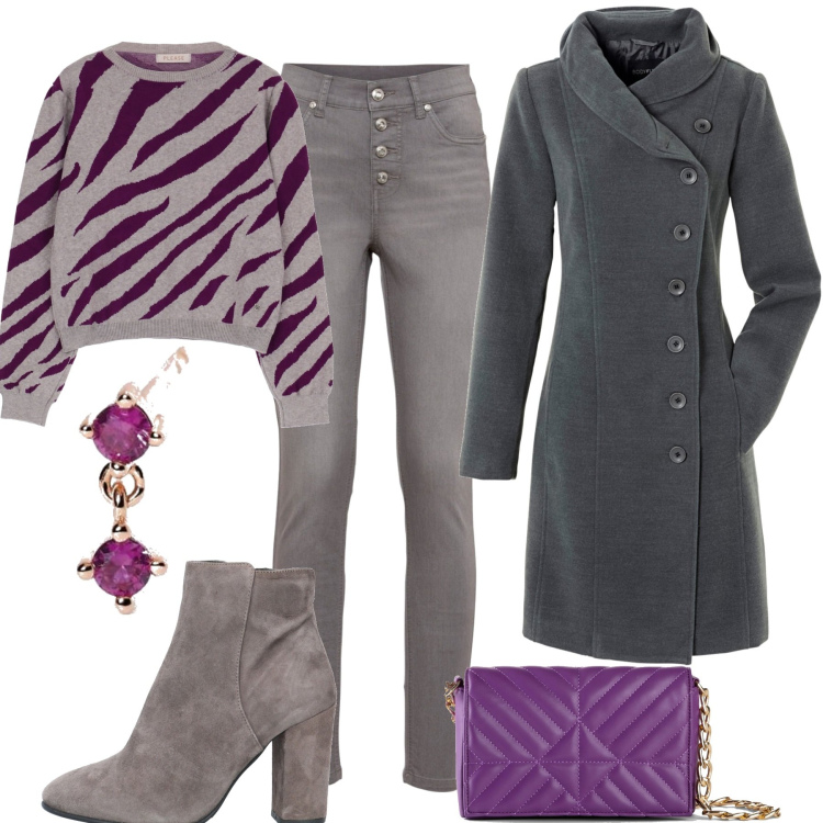 Outfit donna - In città. Stile Casual per Tutti i giorni. Abbinamento con cappotti, jeans, borse a mano, stivaletti, orecchini, maglieria.