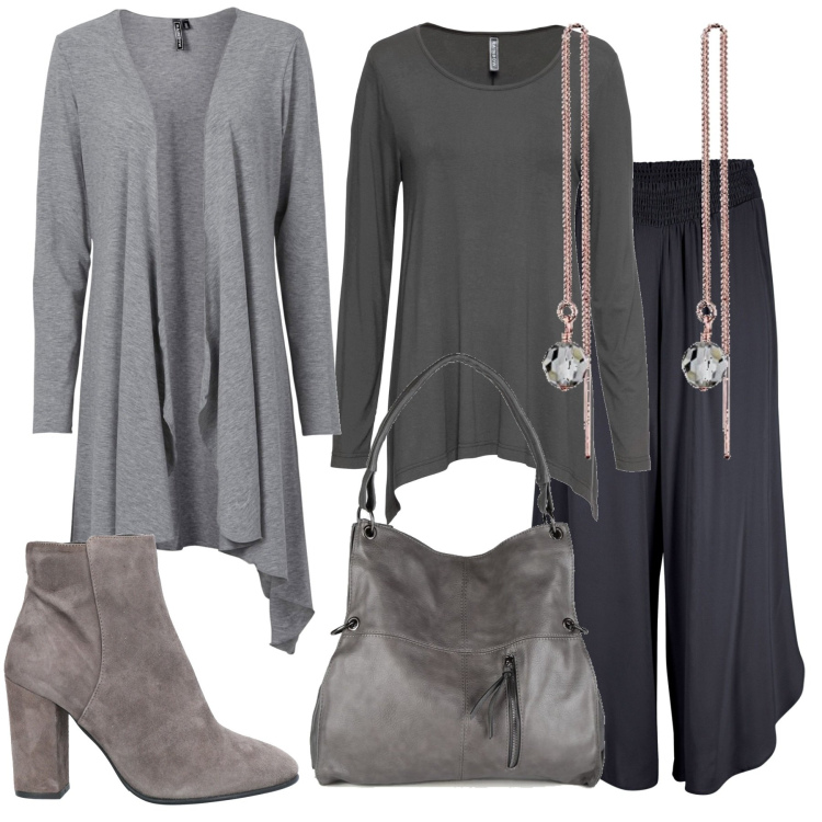 Outfit donna - Il grigio comodo. Stile Basic per Tutti i giorni. Abbinamento con stivaletti, cardigans, pantaloni culotte, maglieria, borse a spalla, orecchini.