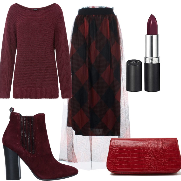 Outfit donna - Rosso scuro!. Stile Trendy per Tutti i giorni. Abbinamento con maglieria, stivaletti, gonne lunghe, borse a spalla, rossetti.