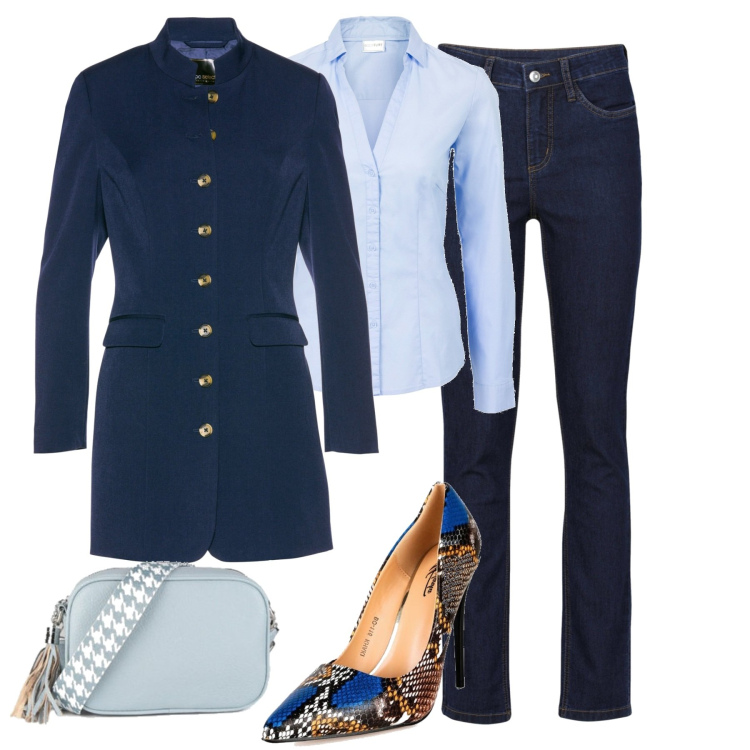 Outfit donna - In città. Stile Casual chic per Tutti i giorni. Abbinamento con camicie, jeans, blazer, décolleté, borse a mano.