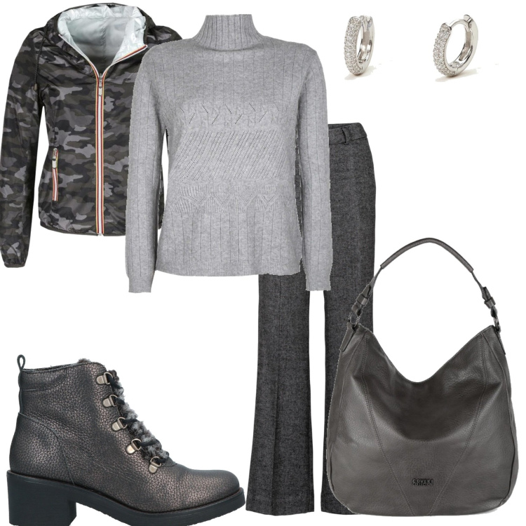 Outfit donna - Mi vesto elegantemente comoda. Stile Glamour per Tutti i giorni. Abbinamento con pantaloni a palazzo, stivaletti, giacche, maglieria, borse a spalla, orecchini.