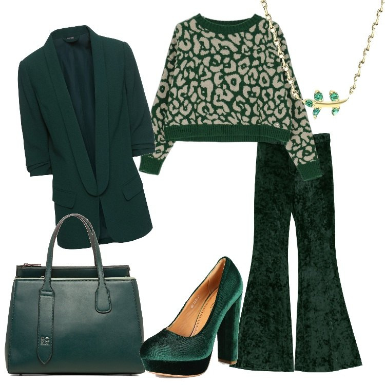 Outfit donna - In verde bosco. Stile Trendy per Serata fuori. Abbinamento con blazer, décolleté, pullovers, collane, pantaloni, borse a mano.