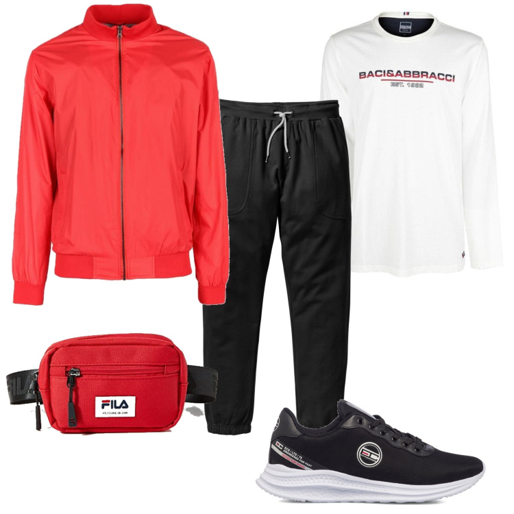 Outfit uomo - Casual #3444. Stile Casual per Sport. Abbinamento con pantaloni sportivi, giacche, t-shirt, scarpe sportive, borse sportive.