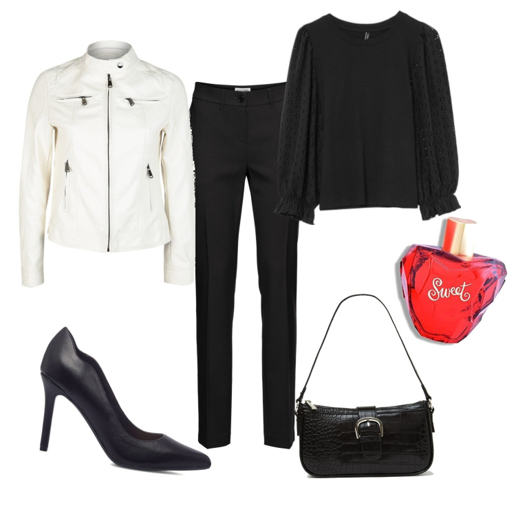 Outfit donna - Sweet in the evening. Stile Casual chic per Serata fuori. Abbinamento con pantaloni, giacche, t-shirt, borse a spalla, décolleté, profumi.
