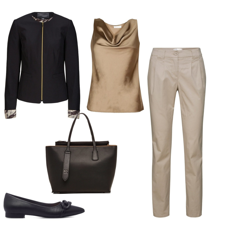Outfit donna - Bon ton in toni neutri (veg ok). Stile Bon Ton per Ufficio. Abbinamento con pantaloni chino, blazer, top, ballerine, borse a spalla.
