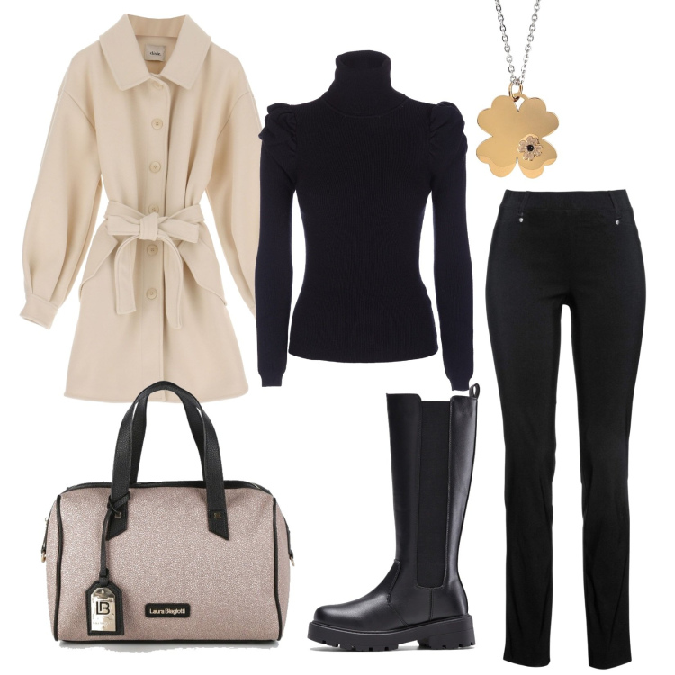 Outfit donna - Serata in città. Stile Casual chic per Serata fuori. Abbinamento con pantaloni, stivali, borse a mano, maglieria, ciondoli, cappotti.