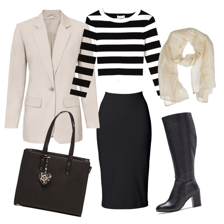 Outfit donna - Righe d\'inverno. Stile Casual chic per Ufficio. Abbinamento con gonne longuette, blazer, stivali, t-shirt, borse a spalla, sciarpe.