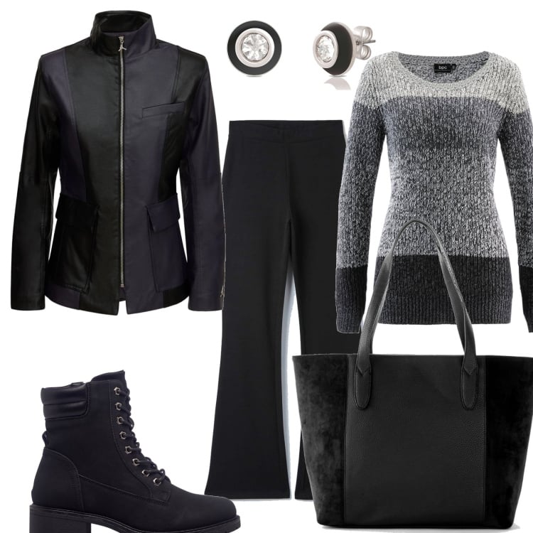 Outfit donna - In nero e grigio. Stile Casual chic per Tutti i giorni. Abbinamento con maglieria, shopping bag, orecchini, anfibi, giacche, pantaloni.