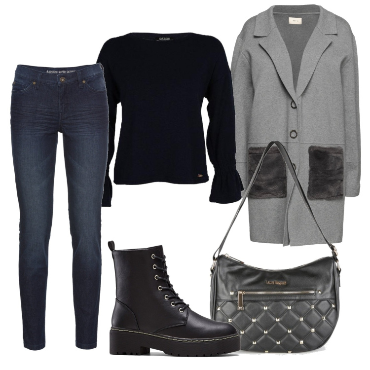 Outfit donna - Tutti i giorni. Stile Casual per Tutti i giorni. Abbinamento con jeans skinny, stivaletti, cappotti, pullovers, borse a tracolla.