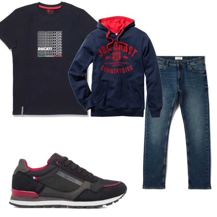 Outfit uomo - Casual #3539. Stile Casual per Tutti i giorni. Abbinamento con felpe con cappuccio, jeans, sneakers, t-shirt.