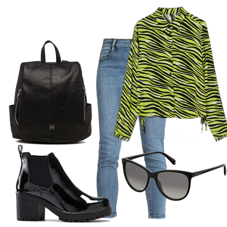 Outfit donna - Grinta in facoltà. Stile Trendy per Scuola/Università. Abbinamento con stivaletti, jeans slim fit, camicie, zaini, occhiali da sole.