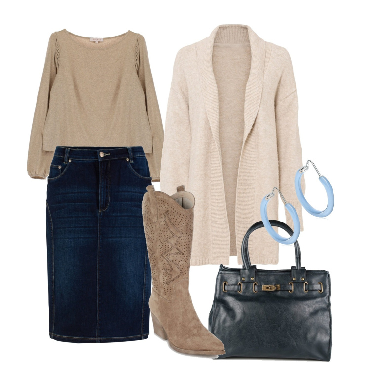 Outfit donna - Con leggerezza. Stile Casual chic per Tutti i giorni. Abbinamento con gonne, cardigans, stivaletti texani, borse a mano, bluse, orecchini.