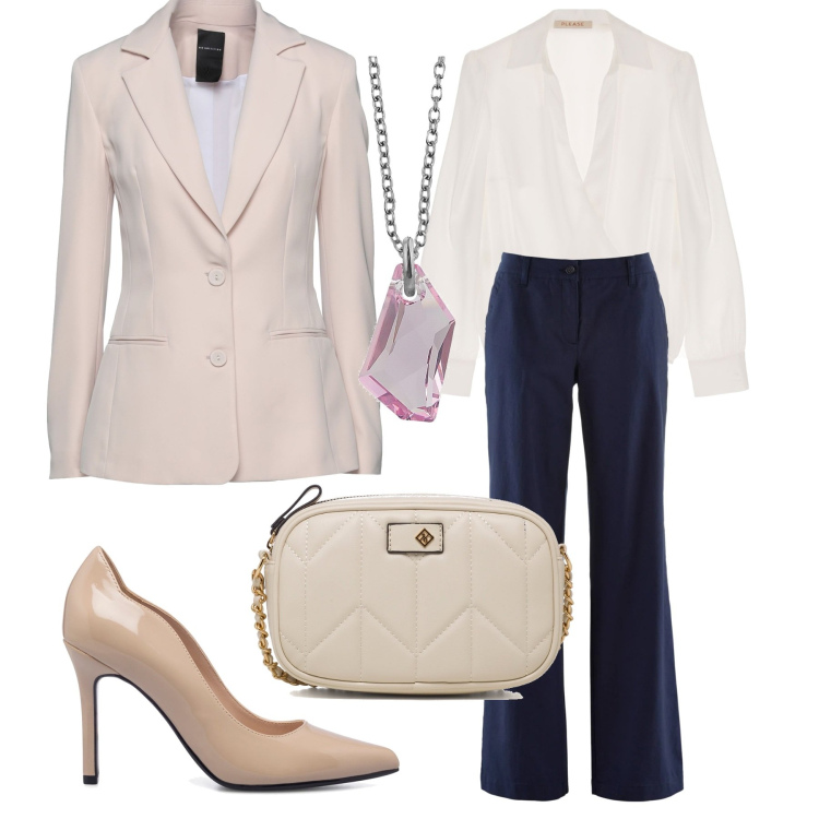 Outfit donna - L\'eleganza del b&blue. Stile Basic per Cerimonia. Abbinamento con blazer, pantaloni, camicie, ciondoli, décolleté, borse a tracolla.